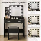 Tocador con espejo, tocador de maquillaje con taburete acolchado, 3 modos de iluminación, brillo ajustable