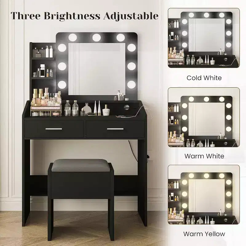 Tocador con espejo, tocador de maquillaje con taburete acolchado, 3 modos de iluminación, brillo ajustable