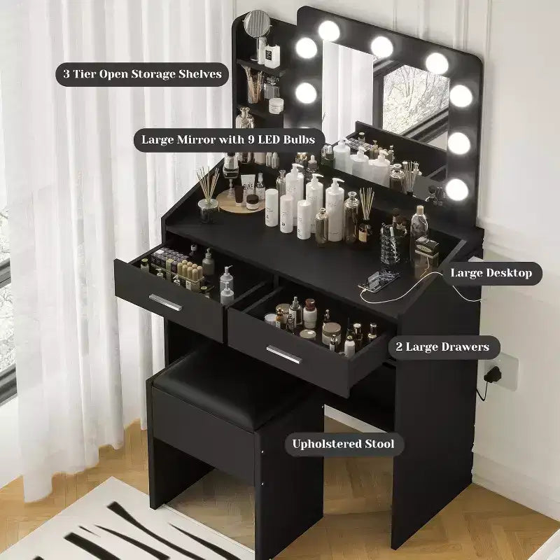 Tocador con espejo, tocador de maquillaje con taburete acolchado, 3 modos de iluminación, brillo ajustable