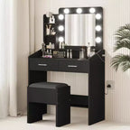 Tocador con espejo, tocador de maquillaje con taburete acolchado, 3 modos de iluminación, brillo ajustable