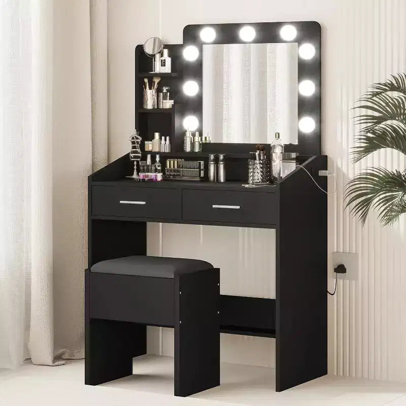 Tocador con espejo, tocador de maquillaje con taburete acolchado, 3 modos de iluminación, brillo ajustable
