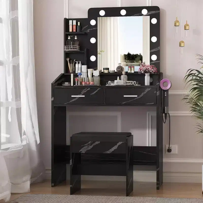 Tocador con espejo, tocador de maquillaje con taburete acolchado, 3 modos de iluminación, brillo ajustable