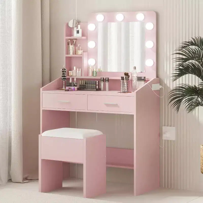 Tocador con espejo, tocador de maquillaje con taburete acolchado, 3 modos de iluminación, brillo ajustable