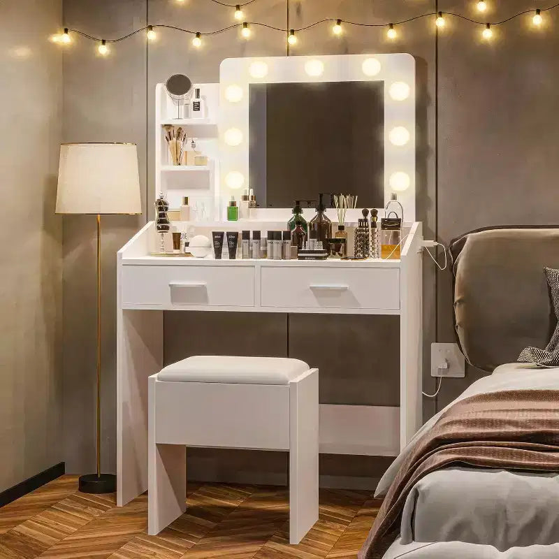 Tocador con espejo, tocador de maquillaje con taburete acolchado, 3 modos de iluminación, brillo ajustable