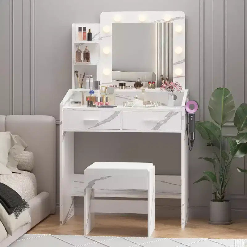 Tocador con espejo, tocador de maquillaje con taburete acolchado, 3 modos de iluminación, brillo ajustable