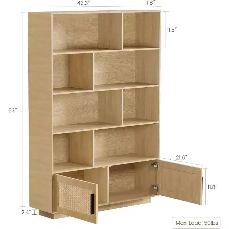 Estantería boho de madera de 5 niveles con puertas de ratán, estantería y librería de madera con almacenamiento, estante de ratán multicapa, estantería grande para sala de estar