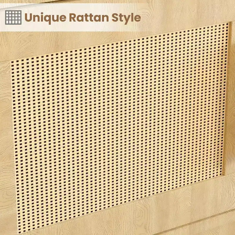 Estantería boho de madera de 5 niveles con puertas de ratán, estantería y librería de madera con almacenamiento, estante de ratán multicapa, estantería grande para sala de estar