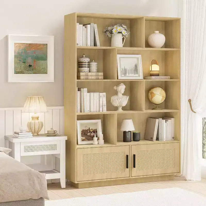 Estantería boho de madera de 5 niveles con puertas de ratán, estantería y librería de madera con almacenamiento, estante de ratán multicapa, estantería grande para sala de estar