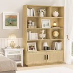 Estantería boho de madera de 5 niveles con puertas de ratán, estantería y librería de madera con almacenamiento, estante de ratán multicapa, estantería grande para sala de estar