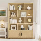 Estantería boho de madera de 5 niveles con puertas de ratán, estantería y librería de madera con almacenamiento, estante de ratán multicapa, estantería grande para sala de estar