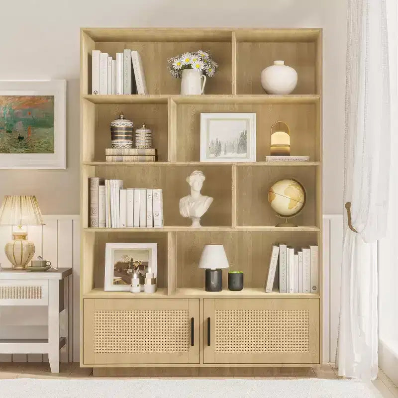 Estantería boho de madera de 5 niveles con puertas de ratán, estantería y librería de madera con almacenamiento, estante de ratán multicapa, estantería grande para sala de estar
