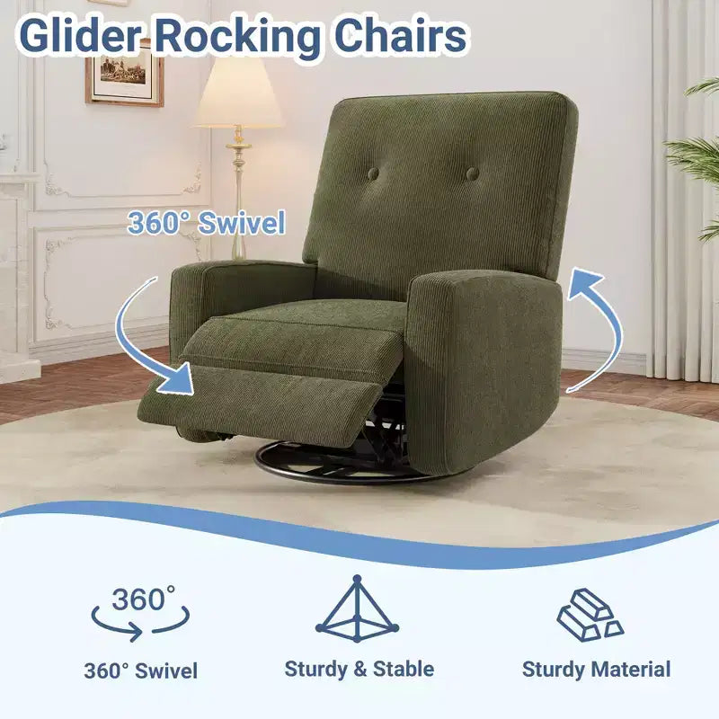 Sillón reclinable giratorio de 360° para adultos, mecedora deslizante para sala de estar, dormitorio, oficina, lino