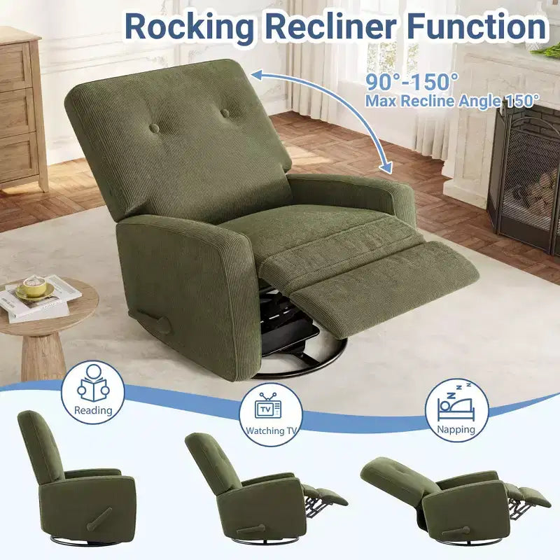Sillón reclinable giratorio de 360° para adultos, mecedora deslizante para sala de estar, dormitorio, oficina, lino