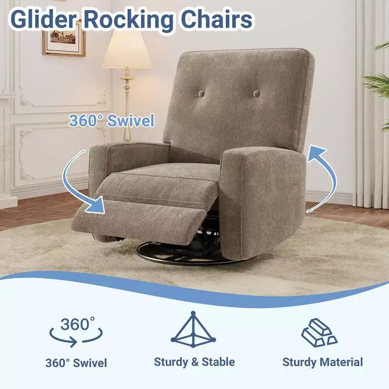 Sillón reclinable giratorio de 360° para adultos, mecedora deslizante para sala de estar, dormitorio, oficina, lino