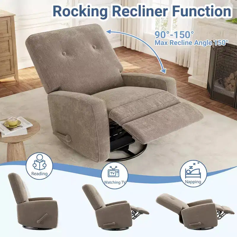 Sillón reclinable giratorio de 360° para adultos, mecedora deslizante para sala de estar, dormitorio, oficina, lino