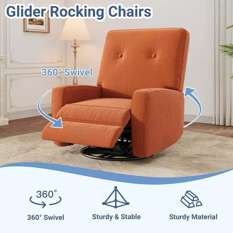 Sillón reclinable giratorio de 360° para adultos, mecedora deslizante para sala de estar, dormitorio, oficina, lino
