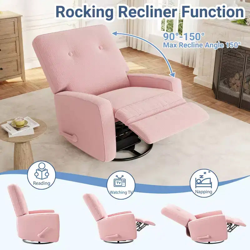 Sillón reclinable giratorio de 360° para adultos, mecedora deslizante para sala de estar, dormitorio, oficina, lino