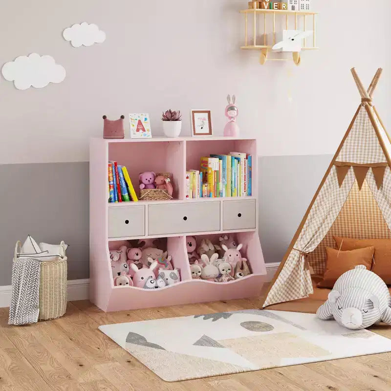 Organizador de almacenamiento de juguetes de 3 niveles con cajones y 4 cubículos - Librería infantil independiente para sala de juegos, guardería, jardín de infancia