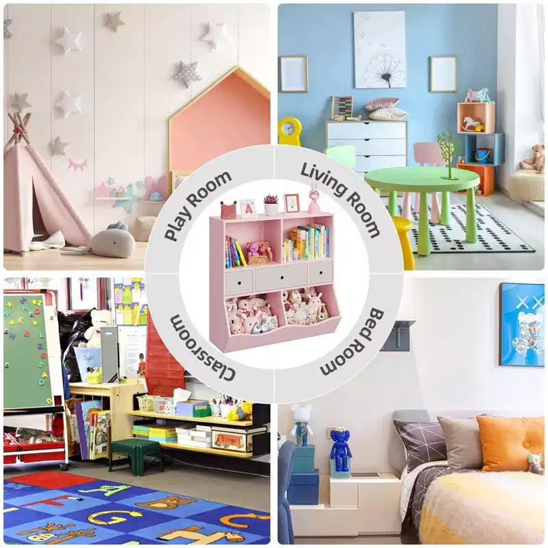 Organizador de almacenamiento de juguetes de 3 niveles con cajones y 4 cubículos - Librería infantil independiente para sala de juegos, guardería, jardín de infancia