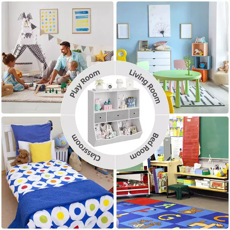 Organizador de almacenamiento de juguetes de 3 niveles con cajones y 4 cubículos - Librería infantil independiente para sala de juegos, guardería, jardín de infancia