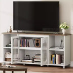 Mueble de TV rústico de 71 pulgadas, centro de entretenimiento moderno con puertas de gabinete de vidrio corrugado, mueble de TV abierto, consola multimedia, para sala de estar, dormitorio