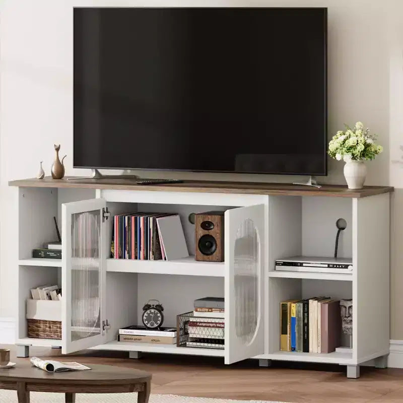 Mueble de TV rústico de 71 pulgadas, centro de entretenimiento moderno con puertas de gabinete de vidrio corrugado, mueble de TV abierto, consola multimedia, para sala de estar, dormitorio
