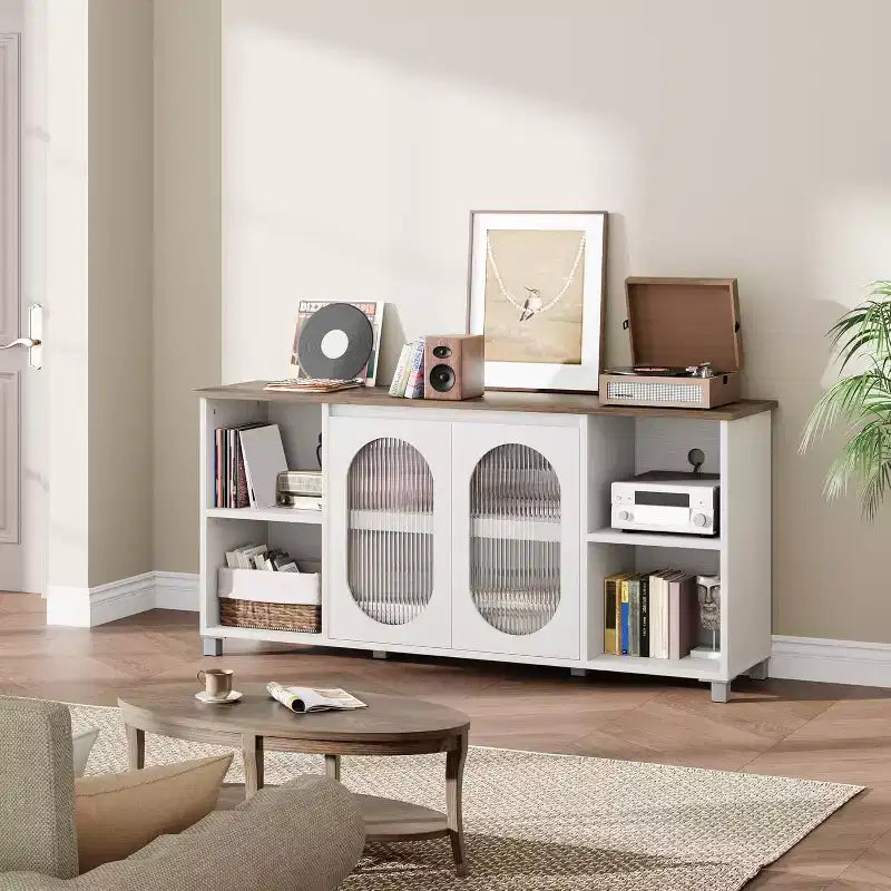 Mueble de TV rústico de 71 pulgadas, centro de entretenimiento moderno con puertas de gabinete de vidrio corrugado, mueble de TV abierto, consola multimedia, para sala de estar, dormitorio