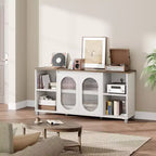 Mueble de TV rústico de 71 pulgadas, centro de entretenimiento moderno con puertas de gabinete de vidrio corrugado, mueble de TV abierto, consola multimedia, para sala de estar, dormitorio