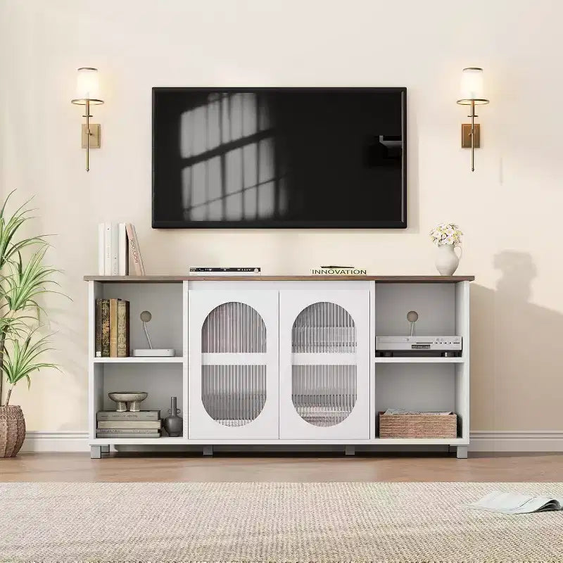 Mueble de TV rústico de 71 pulgadas, centro de entretenimiento moderno con puertas de gabinete de vidrio corrugado, mueble de TV abierto, consola multimedia, para sala de estar, dormitorio