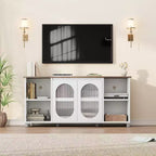 Mueble de TV rústico de 71 pulgadas, centro de entretenimiento moderno con puertas de gabinete de vidrio corrugado, mueble de TV abierto, consola multimedia, para sala de estar, dormitorio