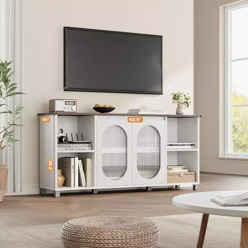 Mueble de TV rústico de 71 pulgadas, centro de entretenimiento moderno con puertas de gabinete de vidrio corrugado, mueble de TV abierto, consola multimedia, para sala de estar, dormitorio