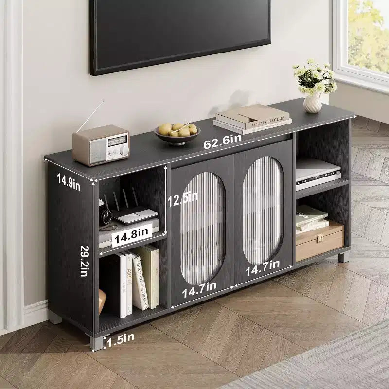 Mueble de TV rústico de 71 pulgadas, centro de entretenimiento moderno con puertas de gabinete de vidrio corrugado, mueble de TV abierto, consola multimedia, para sala de estar, dormitorio