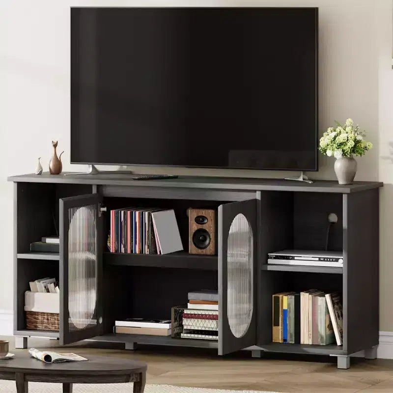 Mueble de TV rústico de 71 pulgadas, centro de entretenimiento moderno con puertas de gabinete de vidrio corrugado, mueble de TV abierto, consola multimedia, para sala de estar, dormitorio