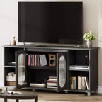 Mueble de TV rústico de 71 pulgadas, centro de entretenimiento moderno con puertas de gabinete de vidrio corrugado, mueble de TV abierto, consola multimedia, para sala de estar, dormitorio