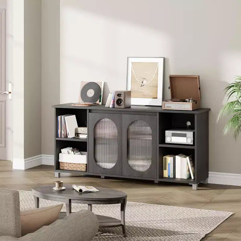 Mueble de TV rústico de 71 pulgadas, centro de entretenimiento moderno con puertas de gabinete de vidrio corrugado, mueble de TV abierto, consola multimedia, para sala de estar, dormitorio