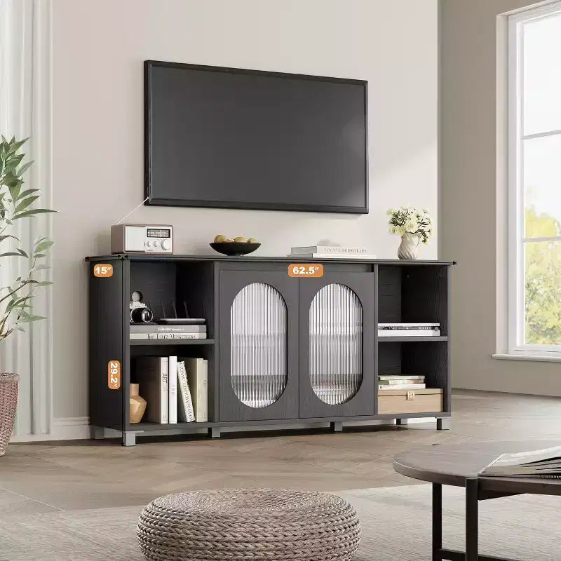 Mueble de TV rústico de 71 pulgadas, centro de entretenimiento moderno con puertas de gabinete de vidrio corrugado, mueble de TV abierto, consola multimedia, para sala de estar, dormitorio