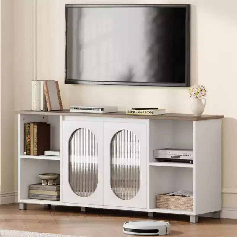 Mueble de TV rústico de 71 pulgadas, centro de entretenimiento moderno con puertas de gabinete de vidrio corrugado, mueble de TV abierto, consola multimedia, para sala de estar, dormitorio