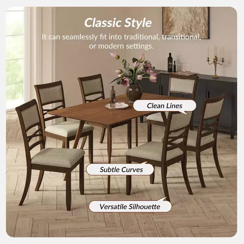 Silla de comedor clásica con estructura de madera maciza, nogal