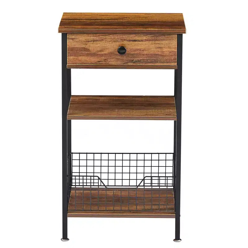 Mesa auxiliar alta, mesita de noche organizadora con estante y cesta metálica extraíble para sala de estar o dormitorio, gris/marrón