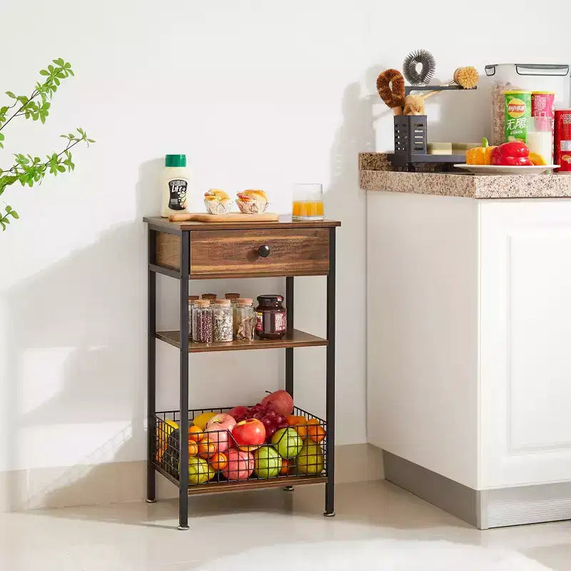 Mesa auxiliar alta, mesita de noche organizadora con estante y cesta metálica extraíble para sala de estar o dormitorio, gris/marrón