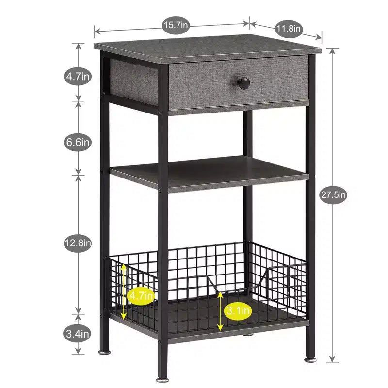 Mesa auxiliar alta, mesita de noche organizadora con estante y cesta metálica extraíble para sala de estar o dormitorio, gris/marrón