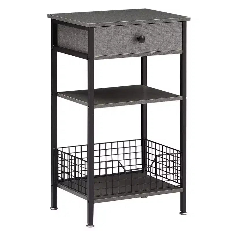 Mesa auxiliar alta, mesita de noche organizadora con estante y cesta metálica extraíble para sala de estar o dormitorio, gris/marrón