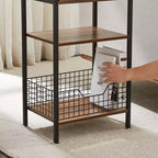 Mesa auxiliar alta, mesita de noche organizadora con estante y cesta metálica extraíble para sala de estar o dormitorio, gris/marrón