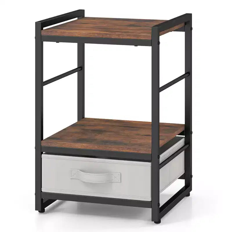 Mesa de noche industrial con estante abierto y cajón de tela para sala de estar, marrón rústico