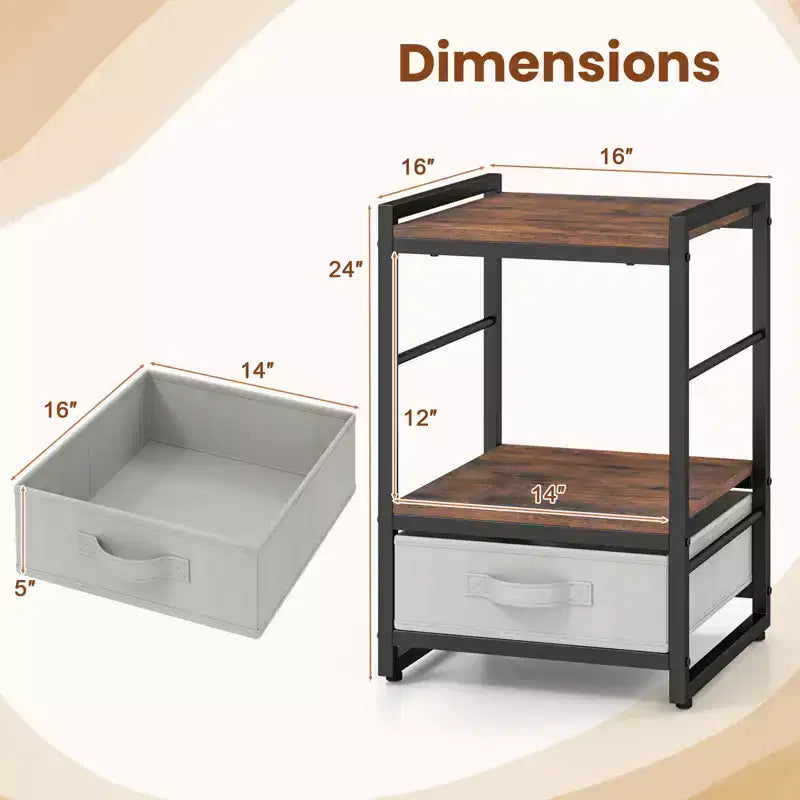 Mesa de noche industrial con estante abierto y cajón de tela para sala de estar, marrón rústico