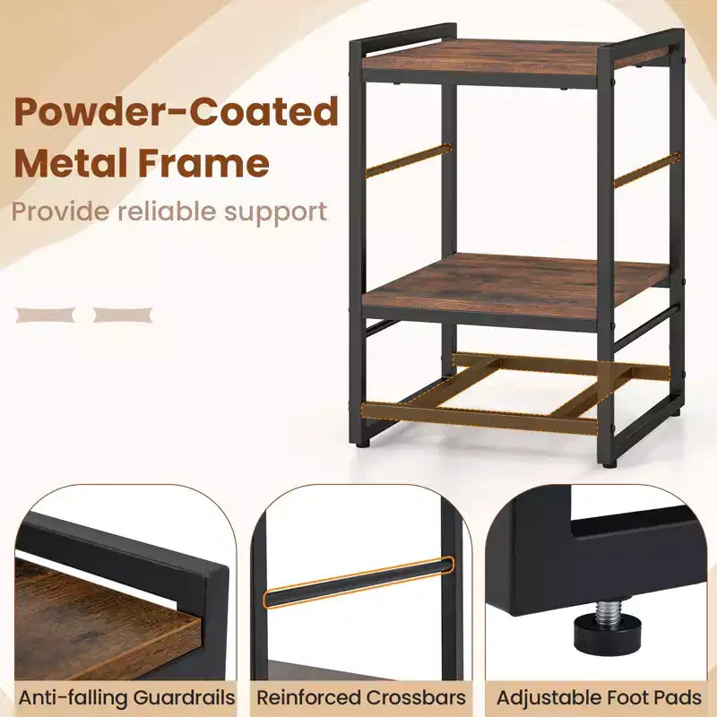 Mesa de noche industrial con estante abierto y cajón de tela para sala de estar, marrón rústico