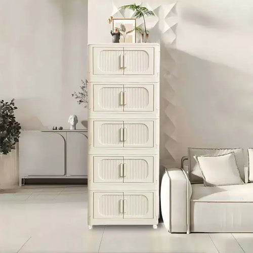 MAYEERTY 19.69 Side 5 Tiers Plastic Folding Stoarge Cabinet with Magnetic Door Wheels Cream White for Living Room