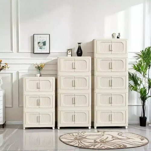 Armario de almacenamiento plegable de plástico de 5 niveles con puerta magnética y ruedas, color blanco crema, para sala de estar, 19.69 pulgadas