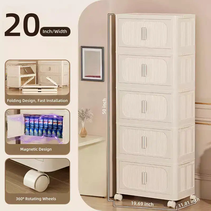 Armario de almacenamiento plegable de plástico de 5 niveles con puerta magnética y ruedas, color blanco crema, para sala de estar, 19.69 pulgadas