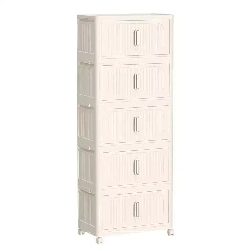 Armario de almacenamiento plegable de plástico de 5 niveles con puerta magnética y ruedas, color blanco crema, para sala de estar, 19.69 pulgadas